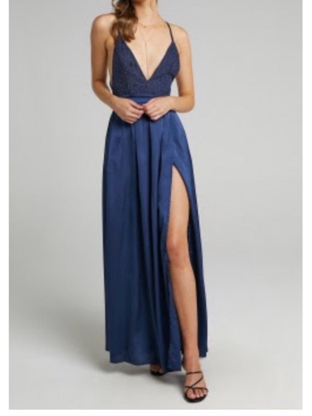 Elegant navy blue Lace Bodice Maxi Dress with Spaghetti Straps/tie back
